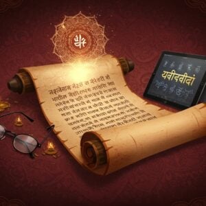 An intricately detailed digital illustration of an ancient Indian scroll, partially unrolled, with the text of Yājñavalkya Smṛti subtly visible. The scroll is illuminated by a soft, ethereal glow emanating from a floating, glowing mandala above it. Surrounding the scroll are digital elements such as a modern tablet and a set of eyeglasses, symbolizing the intersection of tradition and modernity. The background features a blend of traditional Indian motifs and patterns in rich maroon and gold hues. A serene atmosphere is created with soft pastel lighting, accentuating the harmony between ancient wisdom and contemporary access.