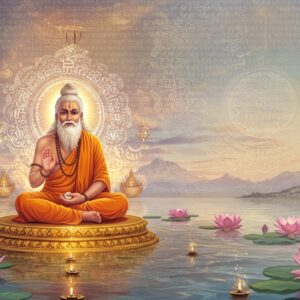 An intricately detailed scene depicting Yājñavalkya, the revered sage, seated in a serene lotus position on a golden, glowing platform amidst a tranquil, ethereal landscape. His appearance is traditional yet majestic, with flowing white hair and beard, dressed in saffron robes, and adorned with subtle gold ornaments. Surrounding him are vibrant mandalas and lotus flowers, symbolizing wisdom and spirituality. The background features a digital tapestry merging ancient script motifs from Yājñavalkya Smṛti with modern digital aesthetics, glowing softly in pastel hues of pale pink and soft blue. The scene exudes tranquility and depth, inviting viewers to explore the timeless wisdom of Hindu law through a modern lens. The lighting is gentle yet radiant, casting a warm glow over the entire composition.