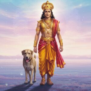 Yudhishthira, dressed in traditional Indian royal attire with intricate golden patterns and a majestic crown, walking alongside a serene, loyal dog with soft, expressive eyes. The background is an ethereal landscape with softly glowing mandalas and gentle pastel hues of blue and pink, representing the spiritual journey. Yudhishthira exudes calmness and wisdom, with a subtle aura of light around him. The scene reflects a blend of traditional Indian art and modern digital aesthetics, emphasizing themes of loyalty and righteousness. The atmosphere is tranquil and inviting, drawing viewers into the epic narrative.