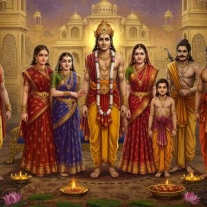 In a vibrant digital art style that merges traditional Indian art forms with modern aesthetics, depict Yudhishthira, the eldest Pandava, standing at the center, exuding calm authority. Surround him with his family: his parents, Kunti and Pandu, and his siblings Bhima, Arjuna, Nakula, and Sahadeva. Each sibling should be adorned in regal traditional attire with intricate patterns and deep colors like maroon, peacock blue, and saffron. In the background, illustrate a grand palace with intricate carvings and golden hues, reflecting the heritage of Hastinapura. Incorporate symbolic elements like lotus flowers and subtle mandalas to enhance the spiritual and historical context. The scene should have a serene, yet powerful aura, with soft glowing lights highlighting their divine lineage.