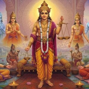 Yudhishthira, the epitome of Dharma, is depicted in the center of a grand scene. He stands regally, adorned in traditional royal attire with intricate patterns reminiscent of Madhubani and Pattachitra art. His face radiates serenity and wisdom, framed by a gentle glow of warm gold light. In his right hand, he holds a golden scale symbolizing justice and balance, while his left hand rests gently on a large, intricately detailed book representing knowledge. Surrounding him are ethereal figures of divine beings and sages, their presence subtle and calming, casting an aura of spirituality. The background is an amalgamation of ancient Indian palatial architecture and surreal landscapes, with mandalas and lotus flowers woven into the scenery. The color palette is a blend of maroon, saffron, and peacock blue, with soft pastel hues highlighting the tranquil atmosphere. This composition merges the traditional with the modern digital aesthetic, creating a captivating visual that reflects Yudhishthira's enduring legacy and the profound impact of Dharma in the Mahabharata.