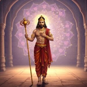 A regal depiction of Yudhishthira, the eldest of the Pandavas, standing in an ancient Indian palace with ornate carvings and intricate patterns. He is dressed in a majestic dhoti and angavastram, colored in rich maroon and gold, symbolizing his royal status and noble character. His expression is serene and contemplative, embodying wisdom and righteousness. In one hand, he holds a golden staff, representing his role as a just ruler, while the other hand is placed gently on his heart, signifying his empathy and compassion. The background features a large, ethereal mandala with glowing soft lights in pastel hues, enhancing the spiritual and virtuous aura around him. The scene is bathed in warm, tranquil lighting that reflects both his inner peace and the moral dilemmas he faces. The art style should blend traditional Indian elements with modern digital aesthetics to create an image that is both timeless and contemporary.