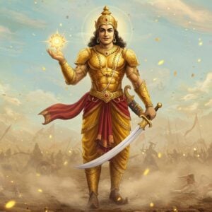 Yudhishthira, depicted as a noble and regal Indian warrior, stands in the midst of a dynamic battlefield scene from the Mahabharata. He is adorned in traditional golden armor with intricate patterns inspired by Madhubani art, embodying his royal stature and commitment to dharma. His expression is calm and resolute, reflecting his inner peace amidst chaos. In one hand, he holds a glowing chakra symbolizing wisdom and dharma, while the other rests on a sheathed sword, signifying restraint and righteousness in warfare. The background features swirling dust clouds and ethereal lights in pastel hues of soft blue and pale gold, adding a surreal, spiritual atmosphere to the scene. Intricate lotus motifs subtly blend into the landscape, emphasizing the balance of heritage and modern digital aesthetics. The overall tone is serene yet powerful, capturing the essence of Yudhishthira's character and his dharma-driven approach to battle.