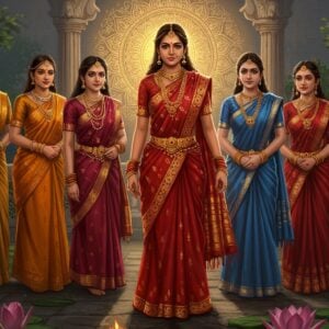 A majestic scene depicting Yudhishthira, the eldest Pandava, with his wives. Draupadi, in the center, is adorned in a vibrant red saree with golden embroidery, her hair flowing elegantly. She stands with grace and strength, her eyes reflecting wisdom. Beside her are the other consorts of Yudhishthira, each uniquely dressed in richly colored sarees of saffron, maroon, and peacock blue, adorned with traditional Indian jewelry. They all stand in a serene garden setting, surrounded by lush greenery and blooming lotus flowers. In the background, a softly glowing mandala radiates a warm golden light, casting a tranquil glow over the scene. The art style combines traditional Indian aesthetics with modern digital touches, emphasizing intricate patterns and cultural motifs. The atmosphere is one of harmony and reverence, inviting the viewer to delve into their stories and significance within the Mahabharata.