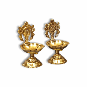 Pure Brass Shanku Chakra Diya - Small Oil Lamp for Home Temple Puja , Decor And Gifting - (4.5 inch, Set of 2)
