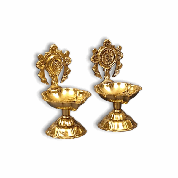 Pure Brass Shanku Chakra Diya - Small Oil Lamp for Home Temple Puja , Decor And Gifting - (4.5 inch, Set of 2)