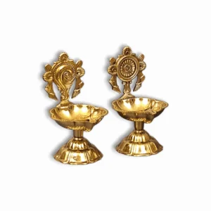 Pure Brass Shanku Chakra Diya - Small Oil Lamp for Home Temple Puja , Decor And Gifting - (4.5 inch, Set of 2)