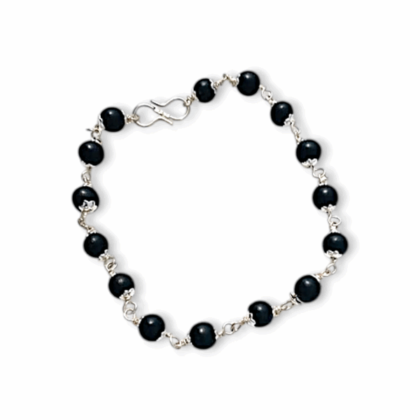 Original Karungali Bracelet With Silver Colour Coated Cap Beads 8mm Size - Karungali Kattai Chain Bracelet with Silver cap