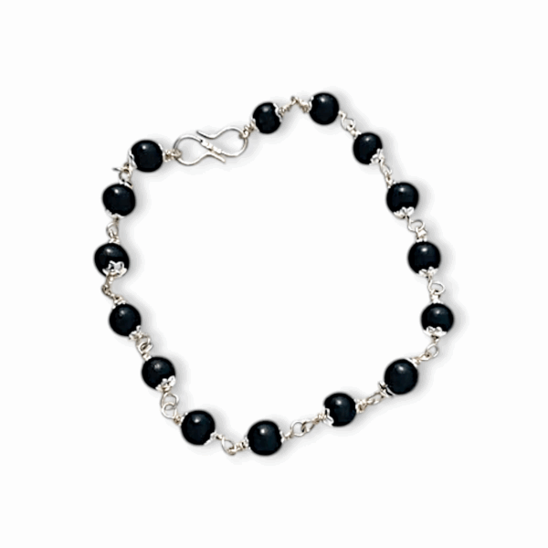 Original Karungali Bracelet With Silver Colour Coated Cap Beads 8mm Size - Karungali Kattai Chain Bracelet with Silver cap
