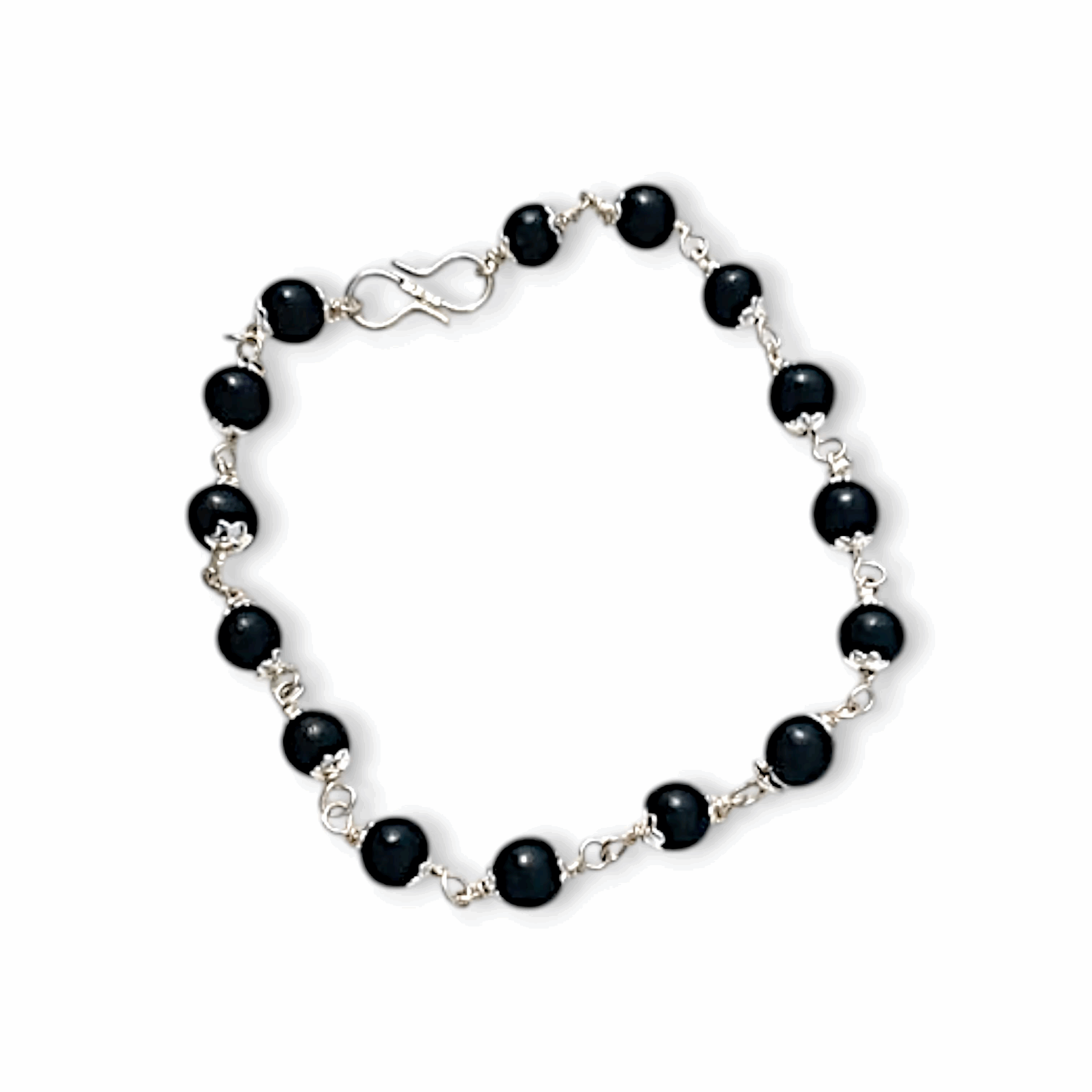 Original Karungali Bracelet With Silver Colour Coated Cap Beads 8mm Size - Karungali Kattai Chain Bracelet with Silver cap