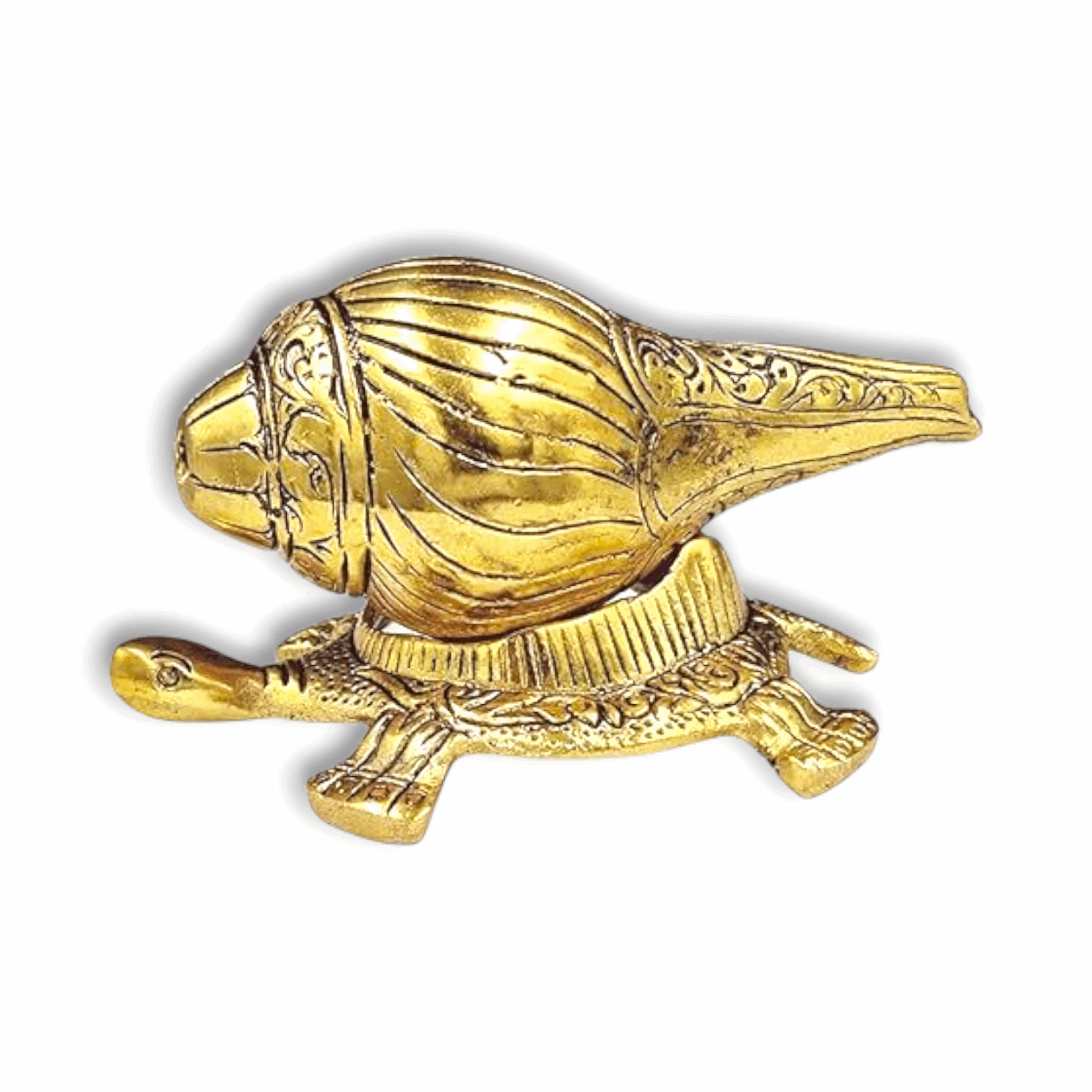 Brass Shankh Placed On Tortoise Decorative Showpiece Figurine - Decorative Vastu Showpiece - Metal Sankh