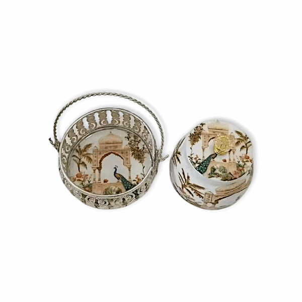 Decorative Silver Plated Metal Puja Basket - Round Shape Pooja Basket - Pooja Basket with Handle - Handcrafted Indian Traditional Peacock Art - Image 3