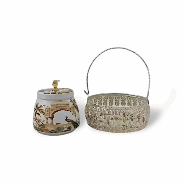 Decorative Silver Plated Metal Puja Basket - Round Shape Pooja Basket - Pooja Basket with Handle - Handcrafted Indian Traditional Peacock Art - Image 2