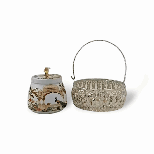 Decorative Silver Plated Metal Puja Basket - Round Shape Pooja Basket - Pooja Basket with Handle - Handcrafted Indian Traditional Peacock Art - Image 2