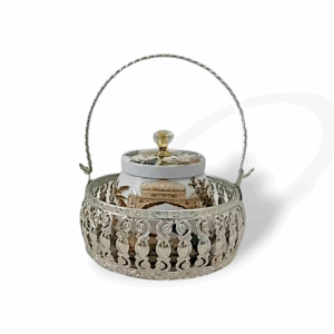Decorative Silver Plated Metal Puja Basket - Round Shape Pooja Basket - Pooja Basket with Handle - Handcrafted Indian Traditional Peacock Art