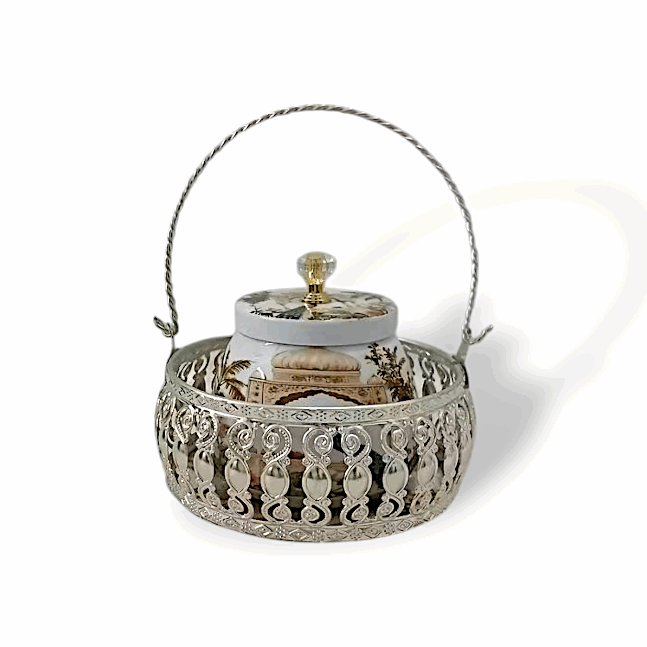 Decorative Silver Plated Metal Puja Basket - Round Shape Pooja Basket - Pooja Basket with Handle - Handcrafted Indian Traditional Peacock Art
