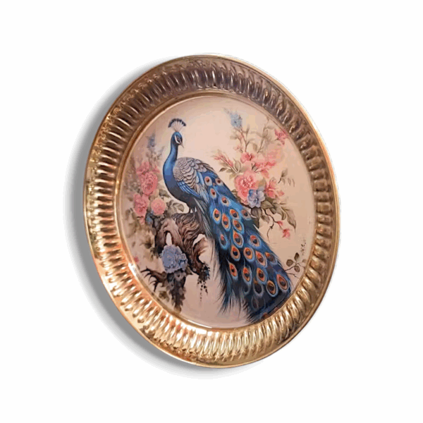 Beautiful Peacock on Brass Plate -  Brass Plate for Daily Aarti, ,Pooja Thali, Flower Offering, Religious & Cultural Festivals - Image 3