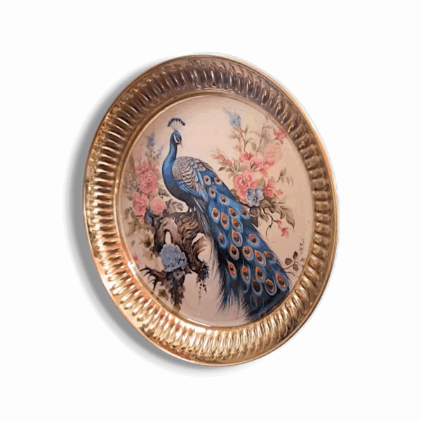 Beautiful Peacock on Brass Plate -  Brass Plate for Daily Aarti, ,Pooja Thali, Flower Offering, Religious & Cultural Festivals - Image 3