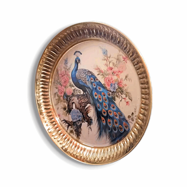 Beautiful Peacock on Brass Plate -  Brass Plate for Daily Aarti, ,Pooja Thali, Flower Offering, Religious & Cultural Festivals - Image 2