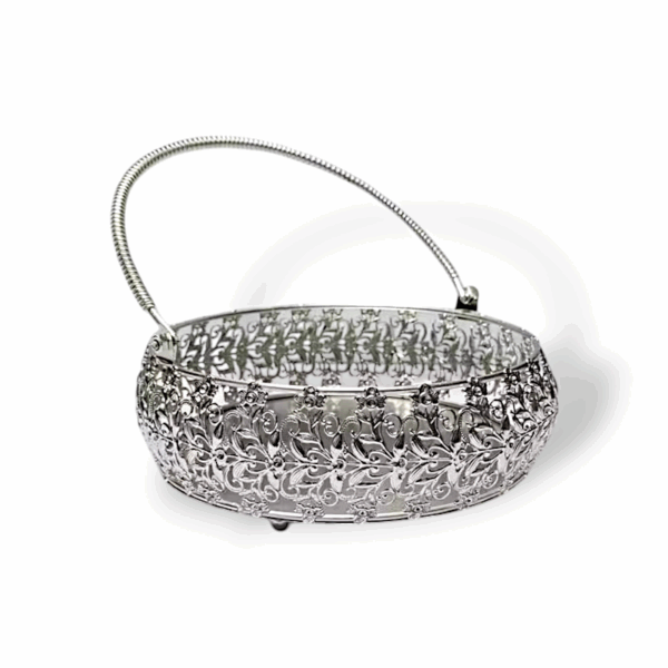 Premium Quality Silver Metal Round Shape Pooja Basket - Pooja Basket - Tokri - Handi - Daliya With Handle - 9 Inches Pooja Basket - Image 2