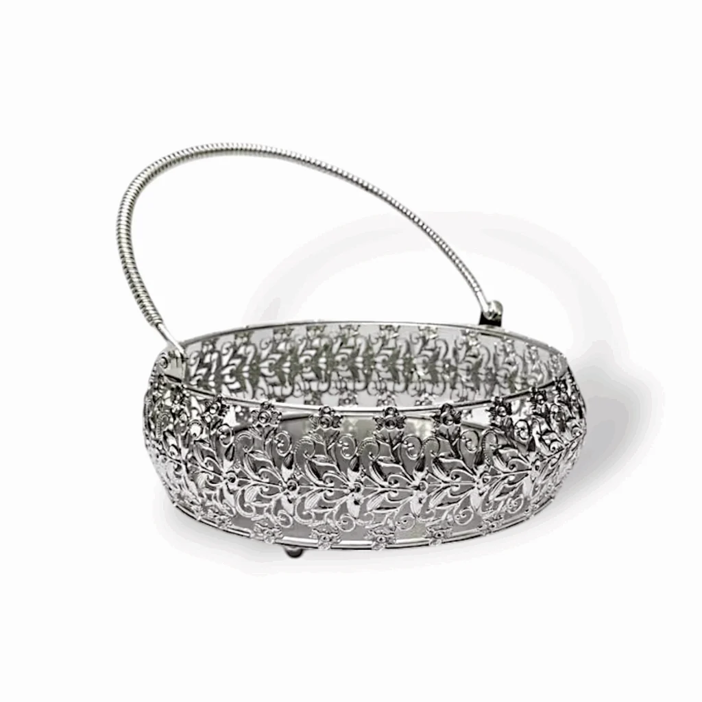 Premium Quality Silver Metal Round Shape Pooja Basket - Pooja Basket - Tokri - Handi - Daliya With Handle - 9 Inches Pooja Basket - Image 2