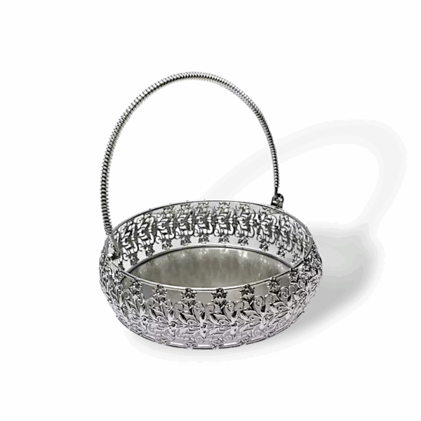 Premium Quality Silver Metal Round Shape Pooja Basket - Pooja Basket - Tokri - Handi - Daliya With Handle - 9 Inches Pooja Basket