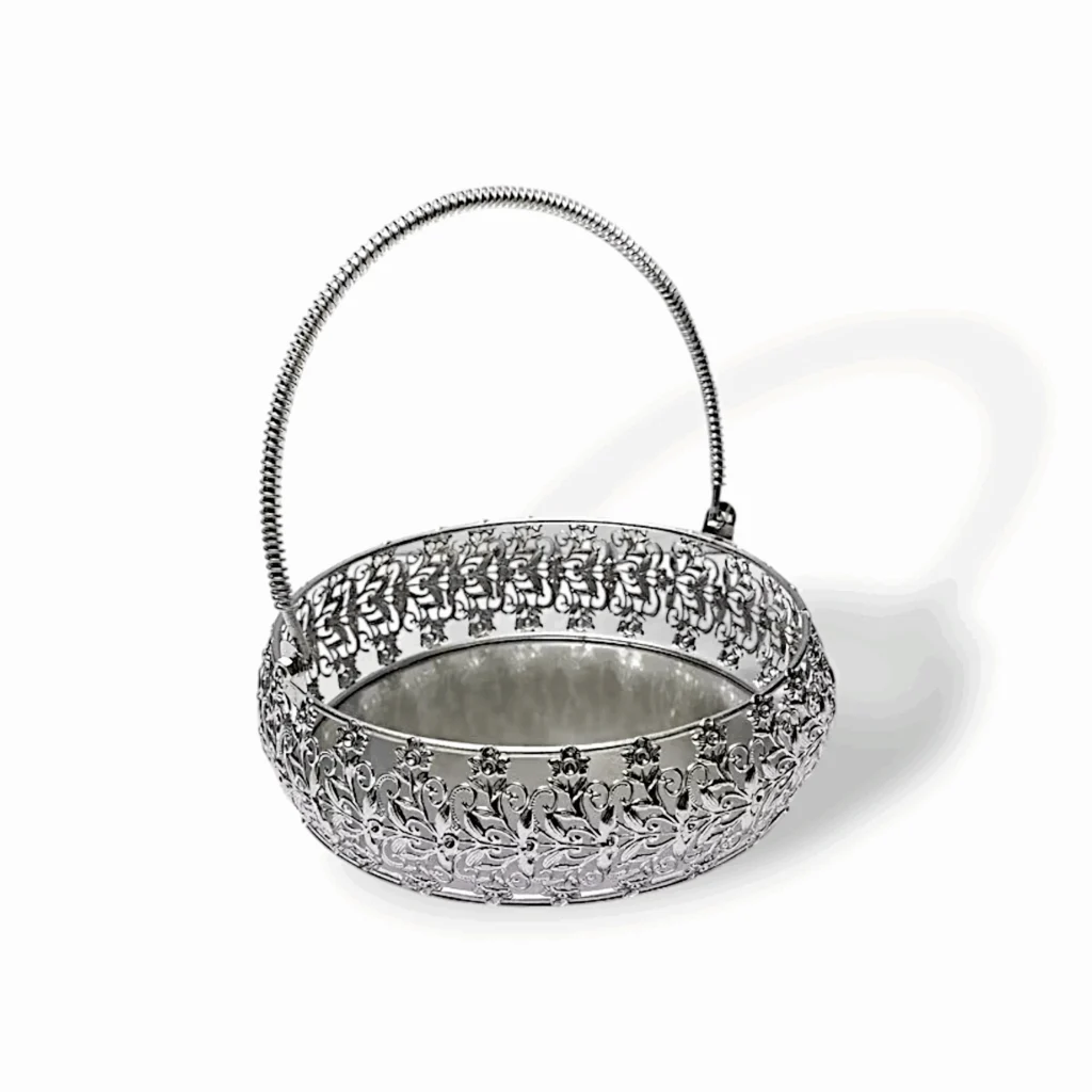 Premium Quality Silver Metal Round Shape Pooja Basket - Pooja Basket - Tokri - Handi - Daliya With Handle - 9 Inches Pooja Basket