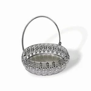 Premium Quality Silver Metal Round Shape Pooja Basket - Pooja Basket - Tokri - Handi - Daliya With Handle - 9 Inches Pooja Basket