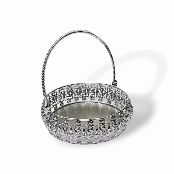 Premium Quality Silver Metal Round Shape Pooja Basket - Pooja Basket - Tokri - Handi - Daliya With Handle - 9 Inches Pooja Basket