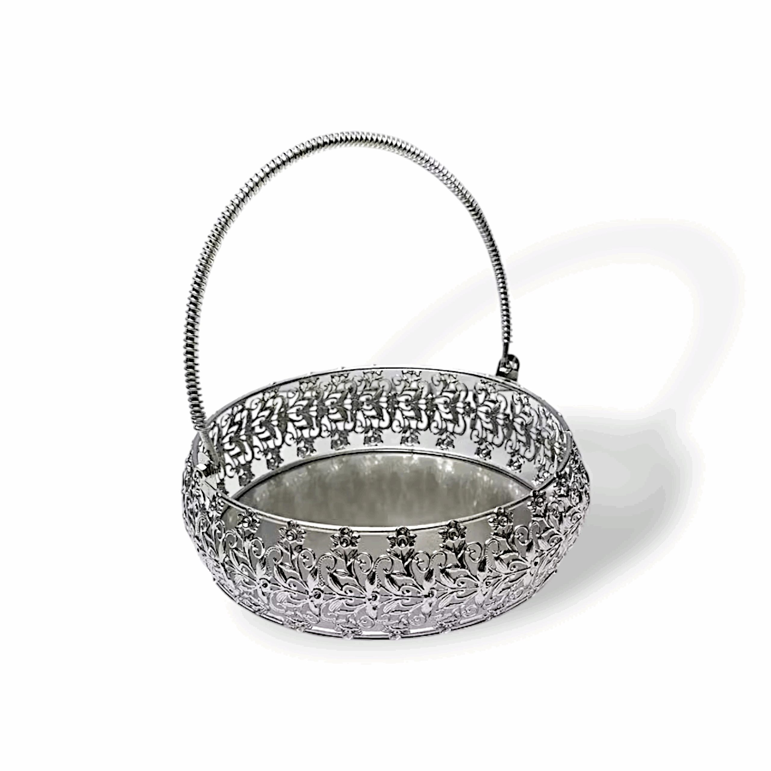 Premium Quality Silver Metal Round Shape Pooja Basket - Pooja Basket - Tokri - Handi - Daliya With Handle - 9 Inches Pooja Basket