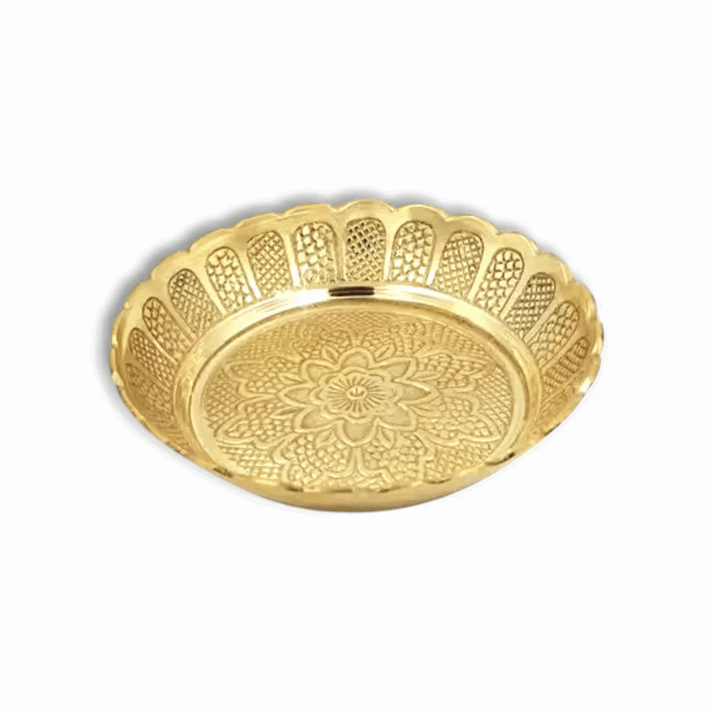 Handmade Brass Puja Thali with Flower Embossed Design - Bhog Plate for Puja- Gifting and Home -Brass Prasadam Vastu Nakshi Plate.