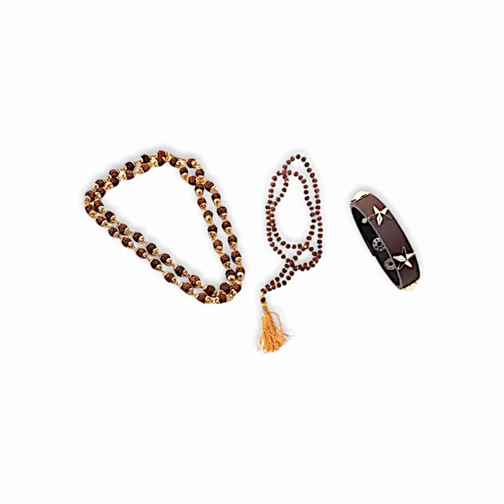 5 Mukhi (2 mm) Rudraksha Mala 180+1 Beads - Small Beads Rudraksha Mala - 5 Mukhi Rudraksha Mala - Brown Leather Hip Hop Wristband Mens Bracelet