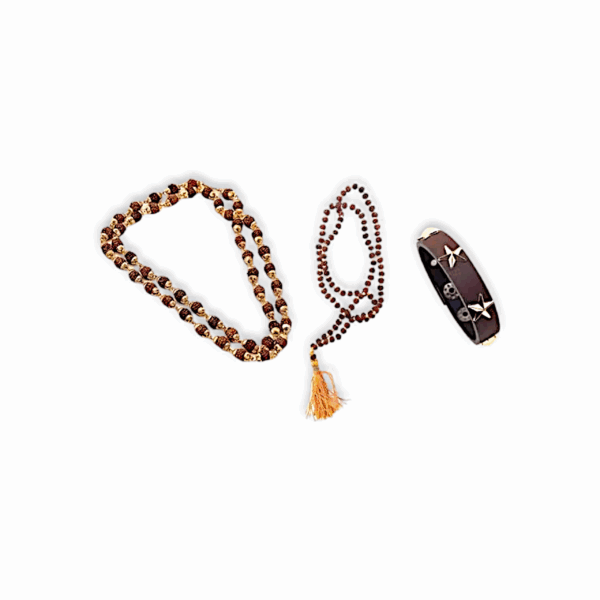 5 Mukhi (2 mm) Rudraksha Mala 180+1 Beads - Small Beads Rudraksha Mala - 5 Mukhi Rudraksha Mala - Brown Leather Hip Hop Wristband Mens Bracelet