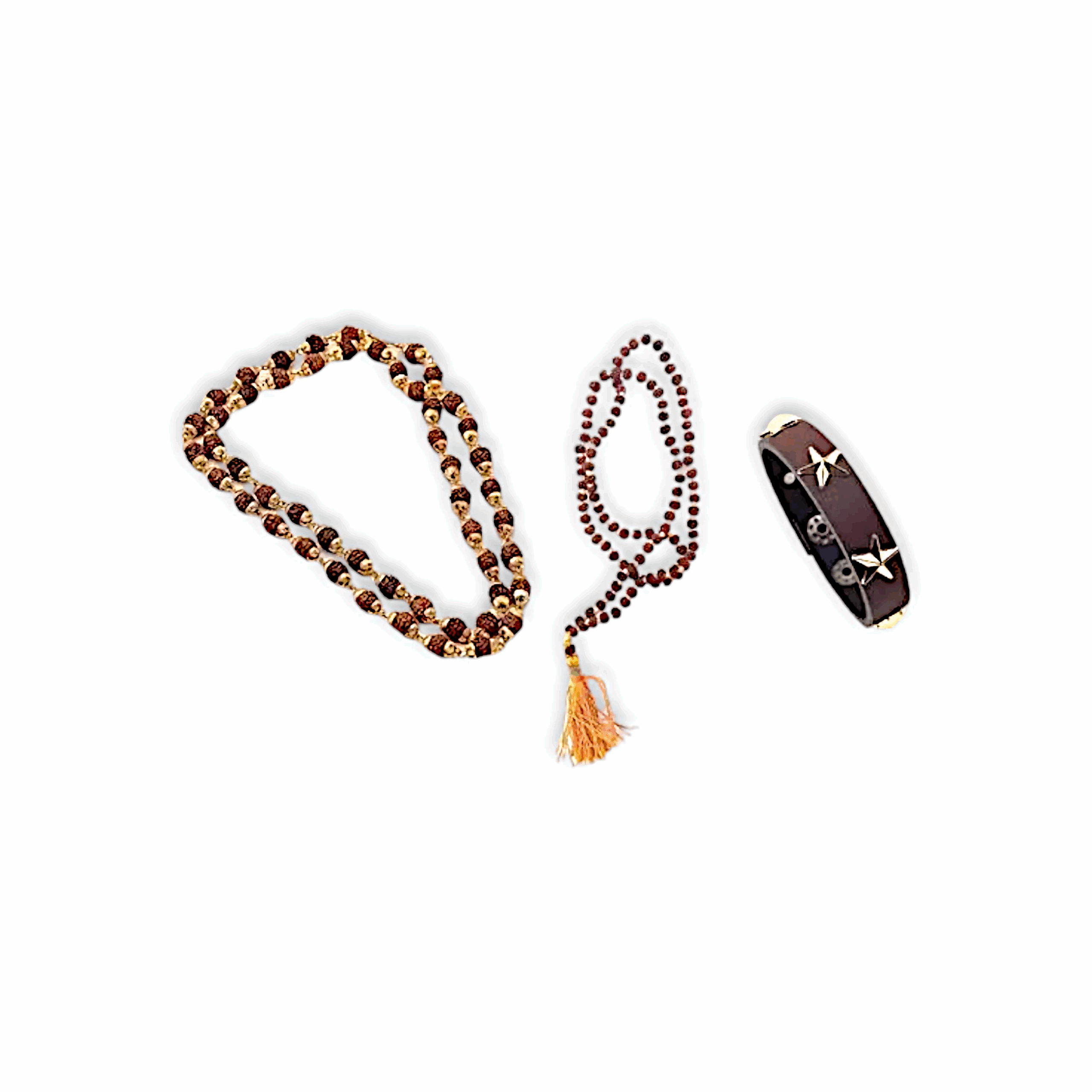 5 Mukhi (2 mm) Rudraksha Mala 180+1 Beads - Small Beads Rudraksha Mala - 5 Mukhi Rudraksha Mala - Brown Leather Hip Hop Wristband Mens Bracelet