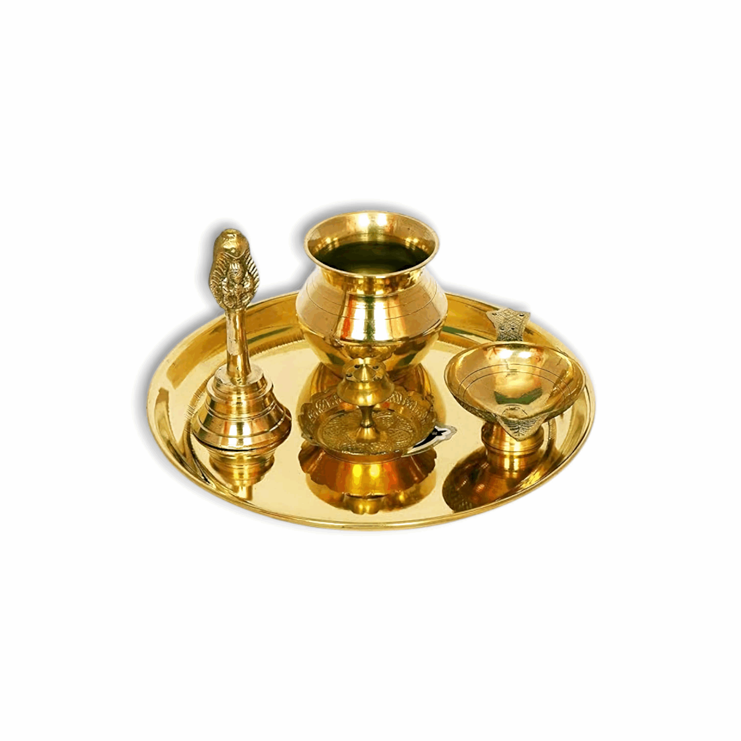 Pure Brass Pooja Plate, Ghanti, Diya, Lota, Agarbati Stand For Home Decoration - 5 Items for puja