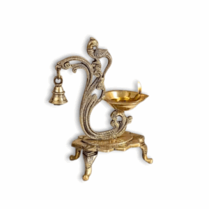 Diya - Peacock Design Diya With Bell In Black Antique Finished For Diwali Pooja - For Home Temple Diwali Decoration Item