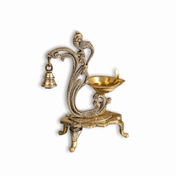 Diya - Peacock Design Diya With Bell In Black Antique Finished For Diwali Pooja - For Home Temple Diwali Decoration Item