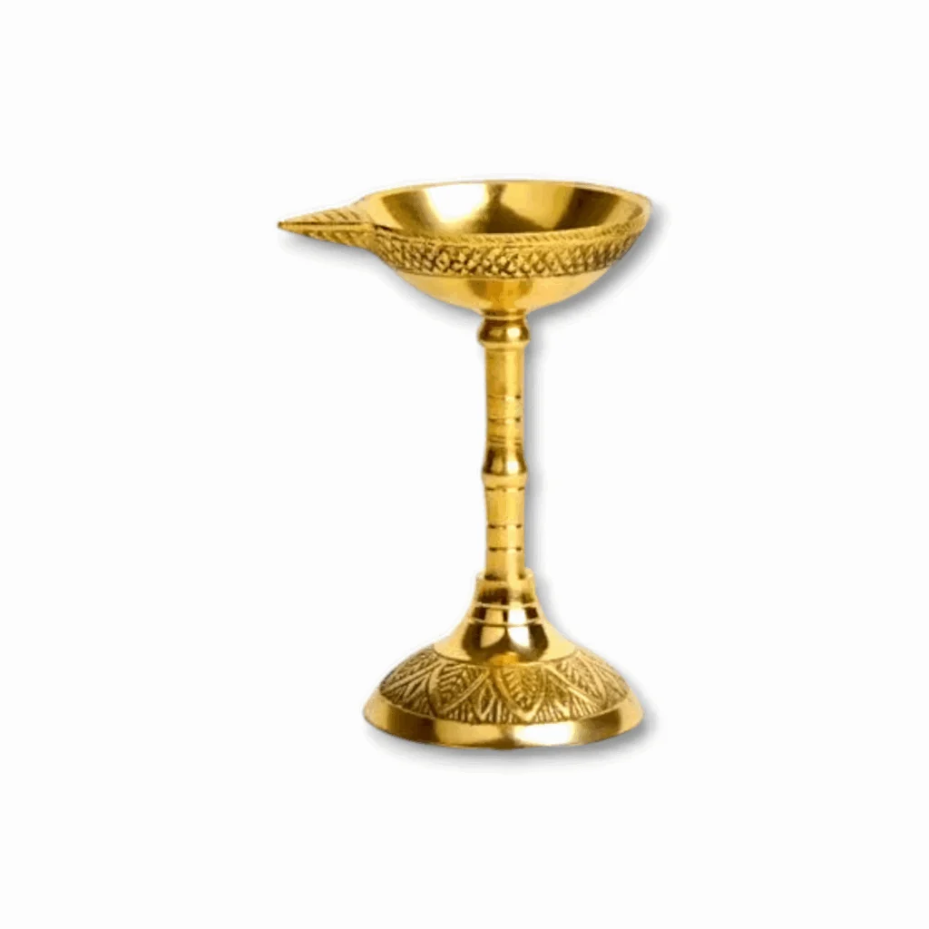 Pure Brass Traditional Stand Puja Diya - Golden Finish Diya For Puja - Oil Lamp For Home And Office Decorations