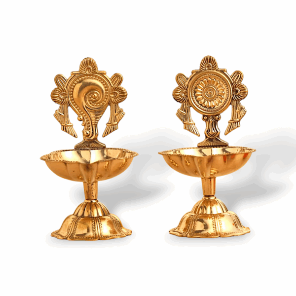 Brass Shanku Chakra Diya Set - Brass Metal Shanku Chakra Diya for Pooja - Designer Diya Home Decor Items
