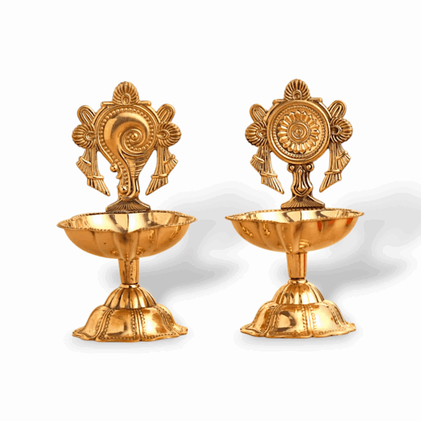 Brass Shanku Chakra Diya Set - Brass Metal Shanku Chakra Diya for Pooja - Designer Diya Home Decor Items
