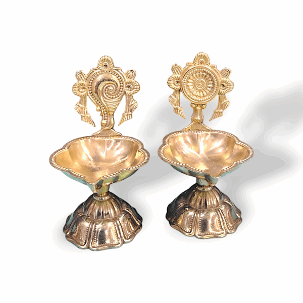 Brass Shanku Chakra Diya Set - Brass Metal Shanku Chakra Diya for Pooja - Designer Diya Home Decor Items - Image 2