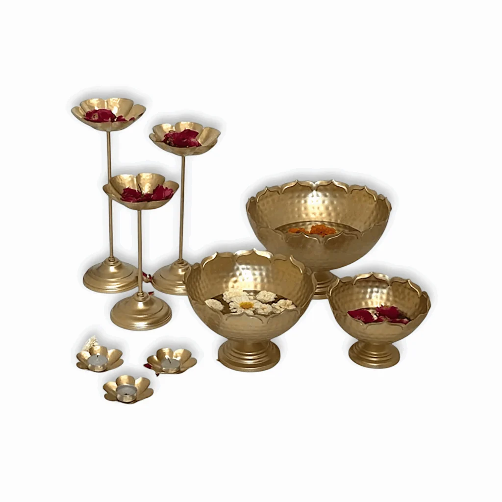 Urli Candle Stand with Floating Diya - Urli for Home Decor and Festival Decor - Urli Show Piece for Floating Flowers Diya - 9 Pieces Combo - Image 2