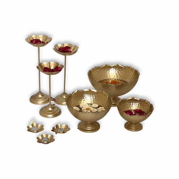 Urli Candle Stand with Floating Diya -  Urli for Home Decor and Festival Decor - Urli Show Piece for Floating Flowers Diya - 9 Pieces Combo - Image 2