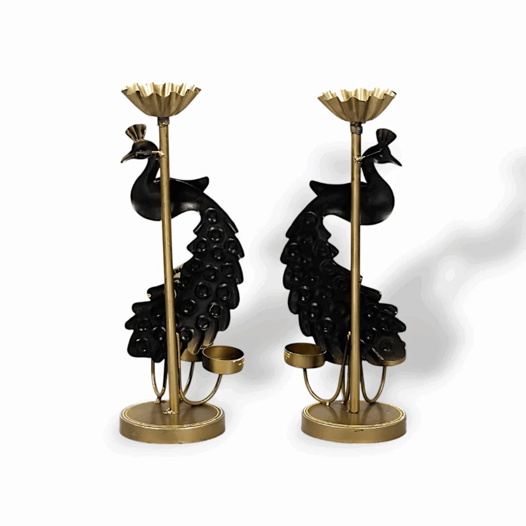 Metal Hand Painted Peacock T-Light Holder - Elegants Peacock Disign Tealight Candle Holder - Candle Holder Stand Showpiece for Home Decor - Decorative Showpiece Set of 2 - Image 2