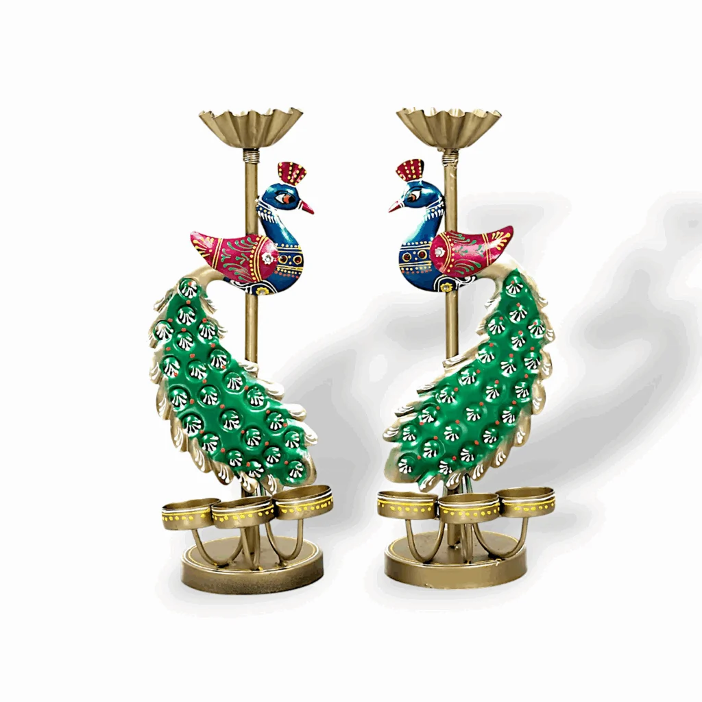 Metal Hand Painted Peacock T-Light Holder - Elegants Peacock Disign Tealight Candle Holder - Candle Holder Stand Showpiece for Home Decor - Decorative Showpiece Set of 2
