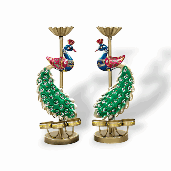 Metal Hand Painted Peacock T-Light Holder - Elegants Peacock Disign Tealight Candle Holder - Candle Holder Stand Showpiece for Home Decor - Decorative Showpiece Set of 2