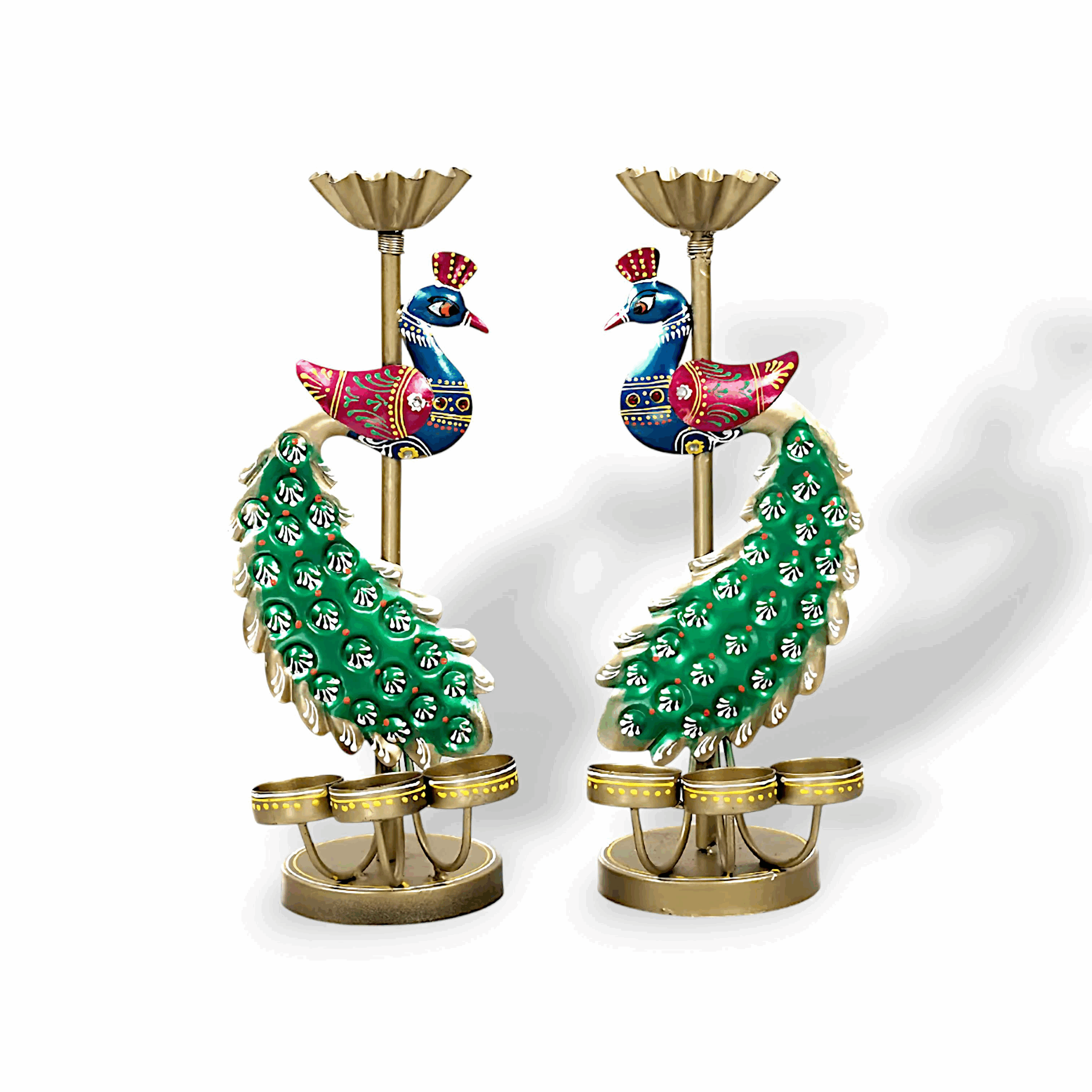 Metal Hand Painted Peacock T-Light Holder - Elegants Peacock Disign Tealight Candle Holder - Candle Holder Stand Showpiece for Home Decor - Decorative Showpiece Set of 2
