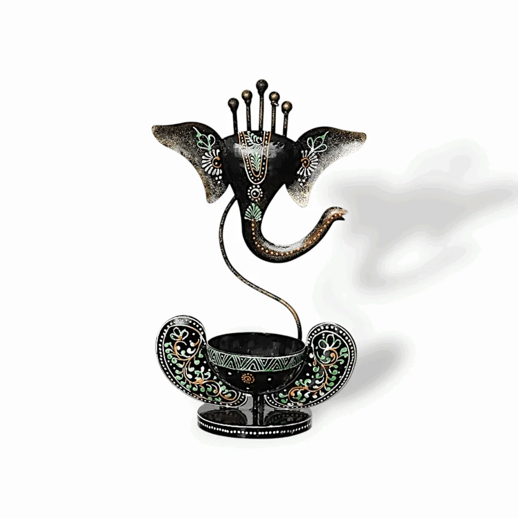 Iron Metal Lord Ganesha Tealight Candle Holder - Handicraft and Hand Painted Showpiece Stand for Home, Living Room, Pooja Room, Dewali Decoration