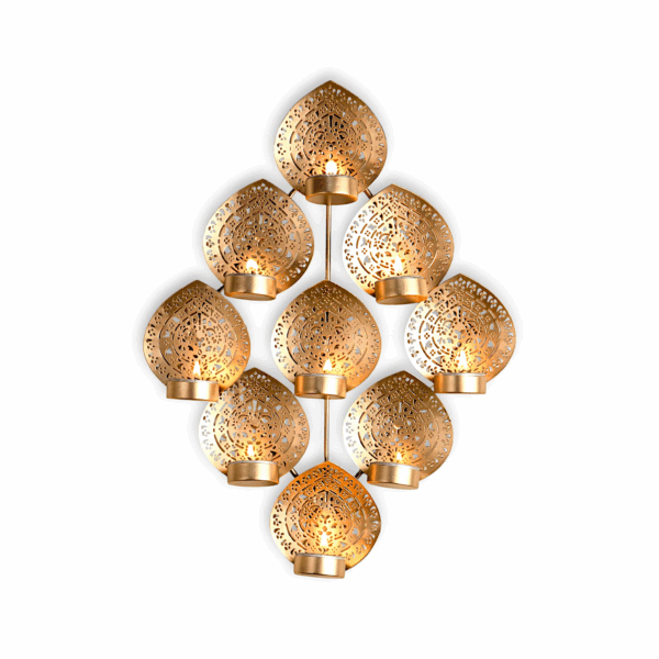 Elegant Gold Leaf Wall-Mounted Candle Holder - Tealight Candle Holder for Home Decor - Golden 9 Leaf Design Candle Holder Wall Hanging - Candle Holder with Intricate Cut-Out Design - Image 2