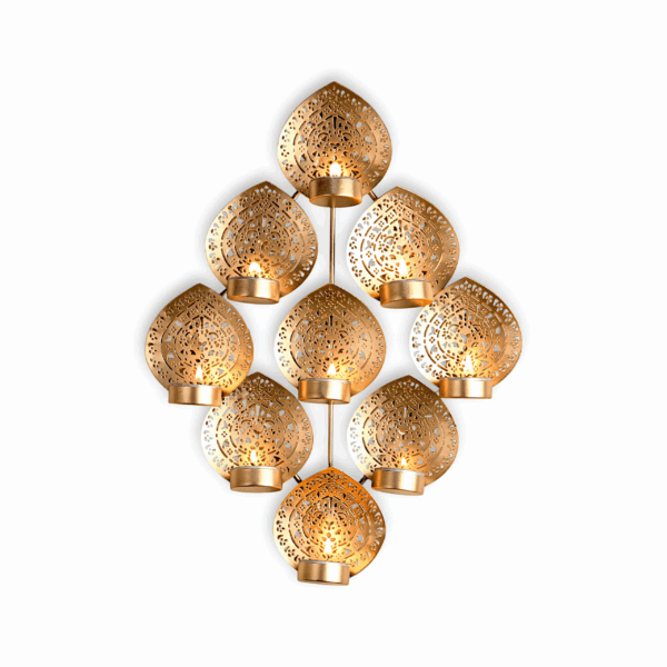 Elegant Gold Leaf Wall-Mounted Candle Holder - Tealight Candle Holder for Home Decor - Golden 9 Leaf Design Candle Holder Wall Hanging - Candle Holder with Intricate Cut-Out Design - Image 2